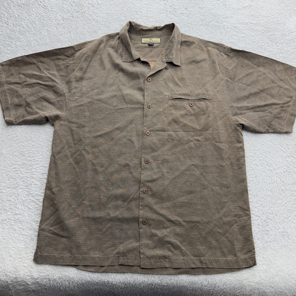 Tommy Bahama Mens Large Brown 100% Silk Textured Short Sleeve Button Up Shirt